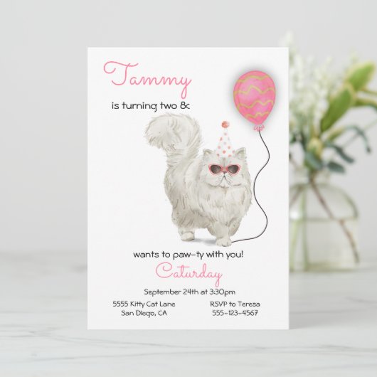 Cat Birthday Party Invitation Kaart (Staand voorkant)