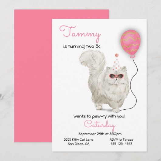 Cat Birthday Party Invitation Kaart (Voorkant / Achterkant)