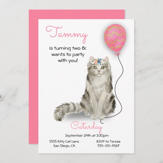 Cat Birthday Party Invitation Kaart (Voorkant / Achterkant)