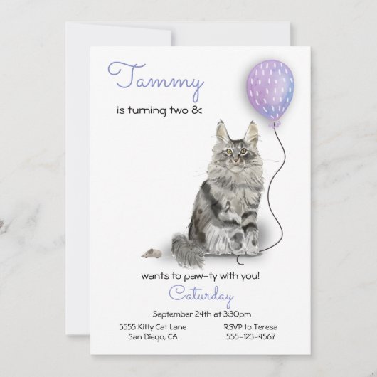 Cat Birthday Party Invitation Kaart (Voorkant)