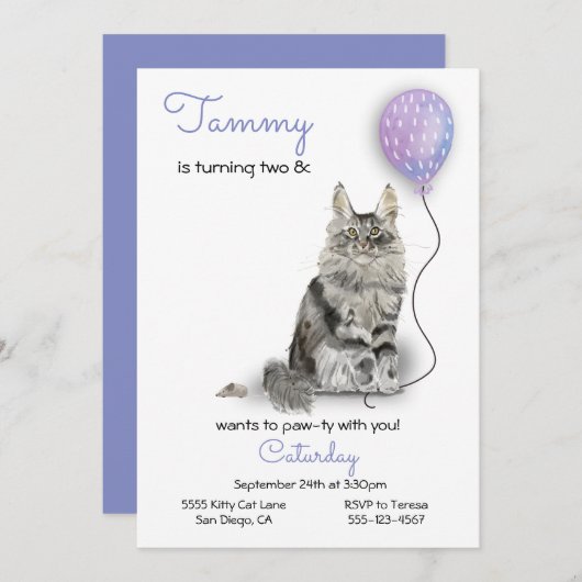 Cat Birthday Party Invitation Kaart (Voorkant / Achterkant)