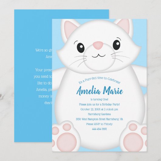 Cat Birthday Party Kat Blue Kaart (Voorkant / Achterkant)