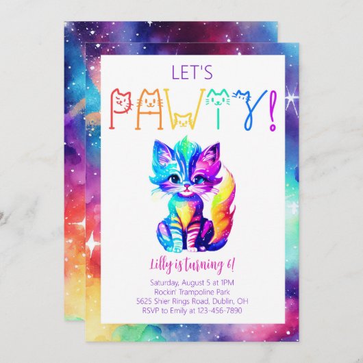 Cat Birthday Party Uitnodiging Ruimtefeest (Voorkant / Achterkant)