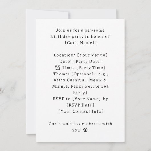 Cat Birthday Party Uitnodigingskaart Kaart (Achterkant)