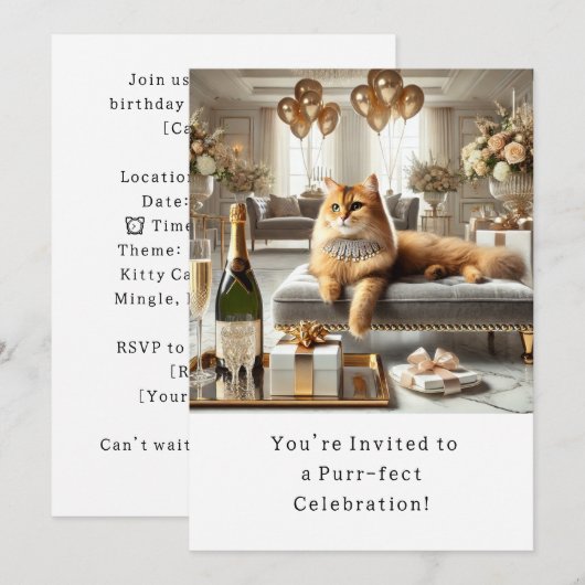 Cat Birthday Party Uitnodigingskaart Kaart (Voorkant / Achterkant)