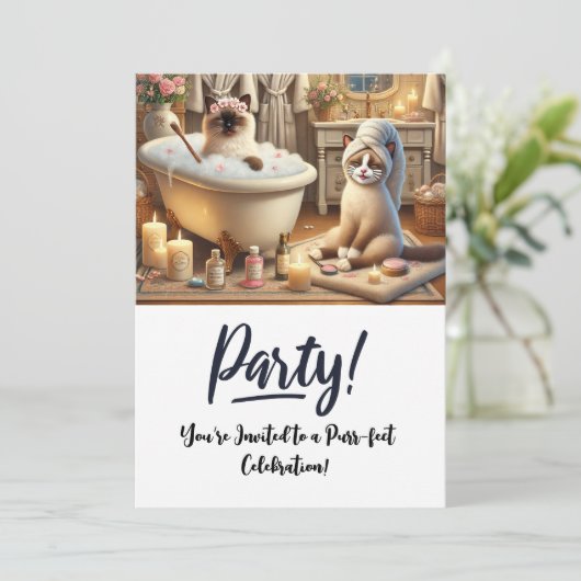 Cat Birthday Party Uitnodigingskaart Kaart (Staand voorkant)