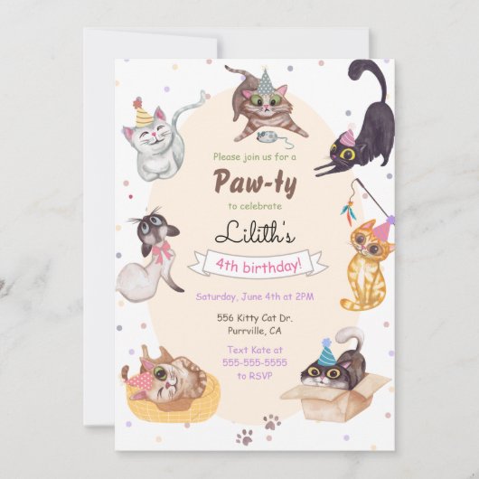Cat Birthday Paw-ty Invitation Kaart (Voorkant)