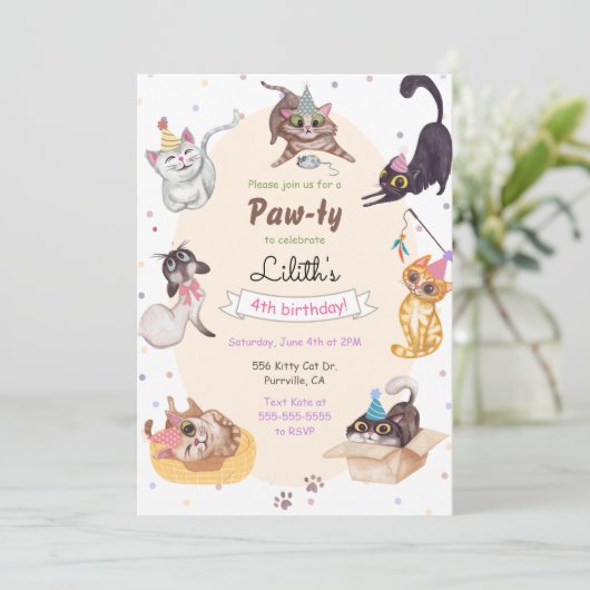 Cat Birthday Paw-ty Invitation Kaart (Staand voorkant)