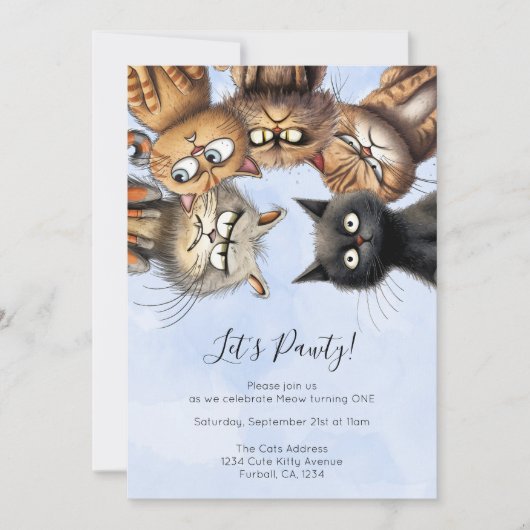Cat Birthday Pawty Schattige gepersonaliseerd Kaart (Voorkant)