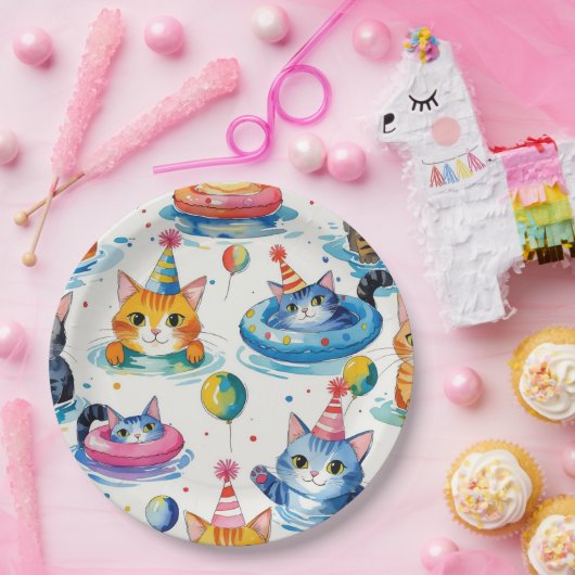 Cat Birthday Pool Party for  Cat Lovers  Papieren Bordje (Feest)