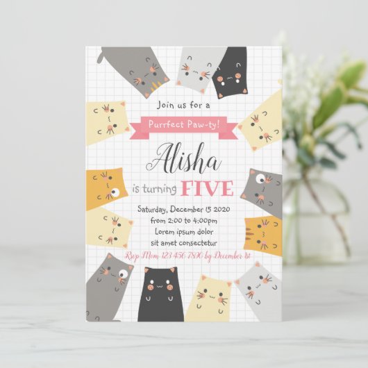 Cat Birthday Uitnodiging (Staand voorkant)