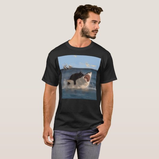 Cat Biting Shark Funny Art and Cat Lover Funny Cat T-shirt (Voorkant volledig)