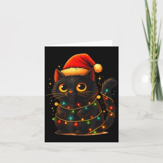 Cat Black Christmas Tree Lights Funny Santa Kitten Kaart (Voorkant)