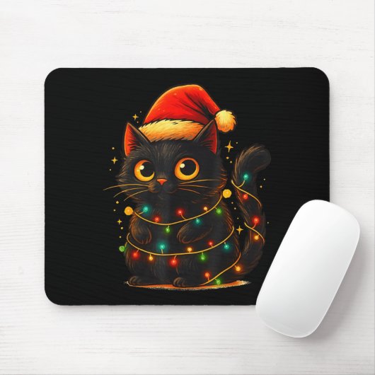 Cat Black Christmas Tree Lights Funny Santa Kitten Muismat (Met muis)