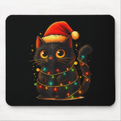 Cat Black Christmas Tree Lights Funny Santa Kitten Muismat (Voorkant)