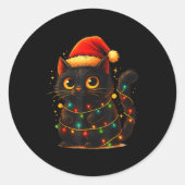 Cat Black Christmas Tree Lights Funny Santa Kitten Ronde Sticker (Voorkant)