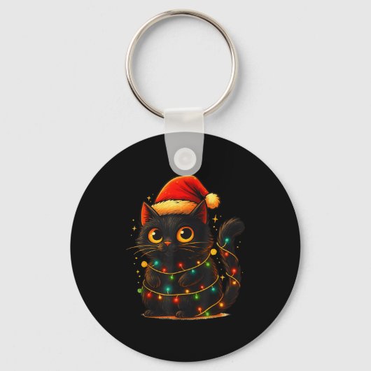 Cat Black Christmas Tree Lights Funny Santa Kitten Sleutelhanger (Voorkant)