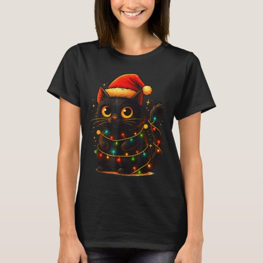 Cat Black Christmas Tree Lights Funny Santa Kitten T-shirt (Voorkant)