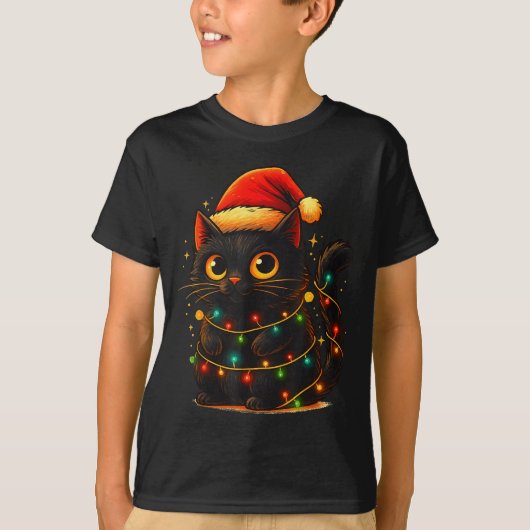 Cat Black Christmas Tree Lights Funny Santa Kitten T-shirt (Voorkant)