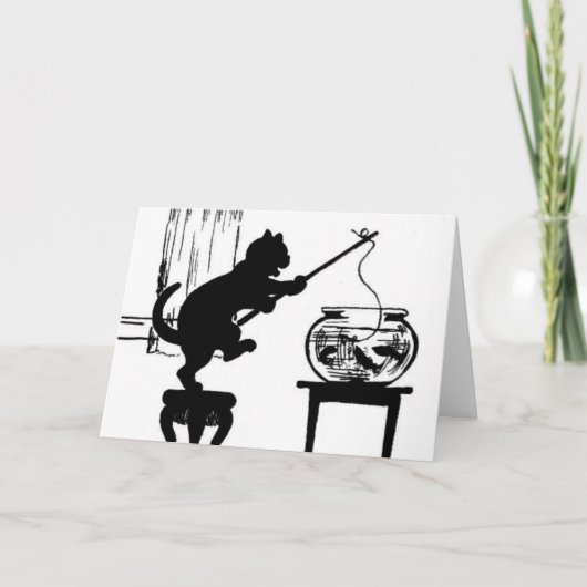 Cat Black/White Silhouette Fishing in Fish Bowl Kaart (Voorkant)