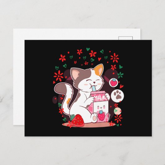 Cat Boba Shake Strawberry Milk Uitnodiging Briefkaart (Voorkant / Achterkant)