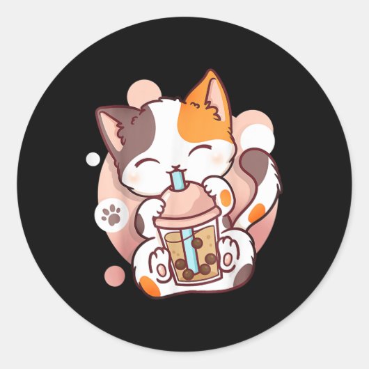 Cat Boba Tea Bubble Tea Anime Kawaii Neko Ronde Sticker (Voorkant)