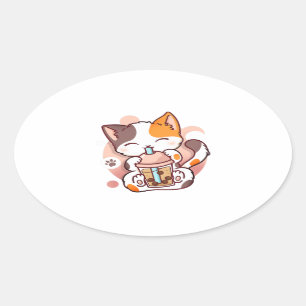 Cat Boba Tea Bubble Tea Anime Kawaii Neko voor mei Ovale Sticker