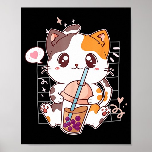 Cat Boba Tea Bubble Tea Kawaii Anime Japanse neko Poster (Voorkant)