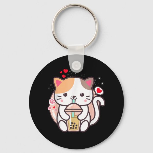 Cat Boba Tea Bubble Tea Kawaii Anime Japanse neko Sleutelhanger (Voorkant)