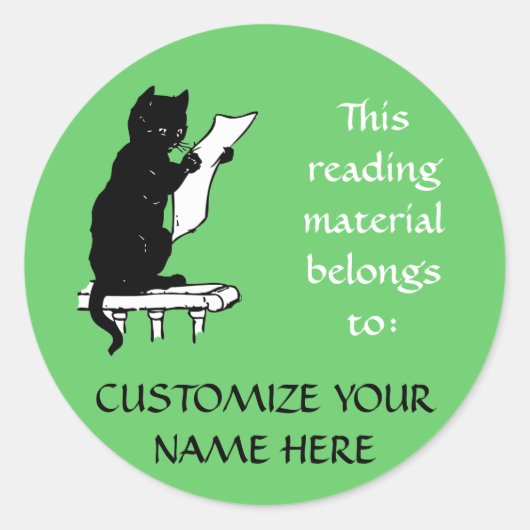 Cat Bookplate lezen Sticker in Light Green (Voorkant)