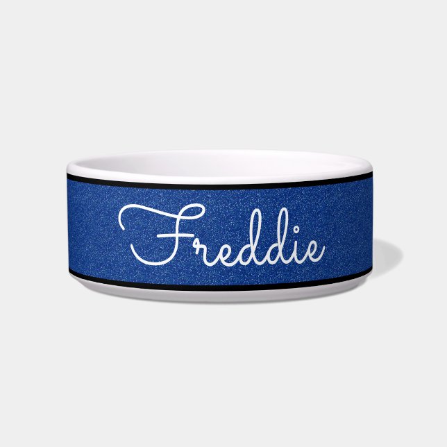 Cat Bowl Chic Blue Glitter Gepersonaliseerd Voerbakje (Voorkant)