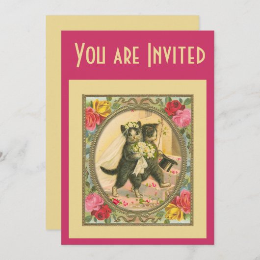 Cat Bride and Groom Wedding Invitation pink yellow Kaart (Voorkant / Achterkant)