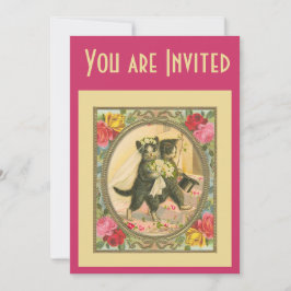 Cat Bride and Groom Wedding Invitation pink yellow Kaart