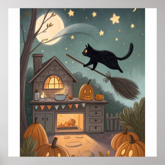 Cat & Broom Duo | Magical Halloween Night Poster (Voorkant)