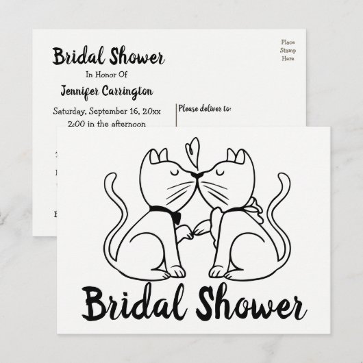 Cat Bruids Douche Uitnodiging Zwart Wit Modern Briefkaart (Voorkant / Achterkant)
