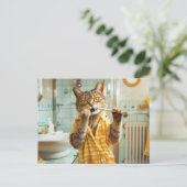 Cat brushing teeth in striped pajamas bathroom feestdagenkaart (Staand voorkant)