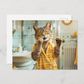 Cat brushing teeth in striped pajamas bathroom feestdagenkaart (Voorkant / Achterkant)