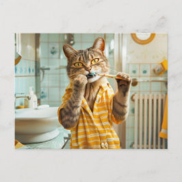 Cat brushing teeth in striped pajamas bathroom feestdagenkaart