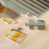 Cat brushing teeth in striped pajamas bathroom legpuzzel (Zijkant)