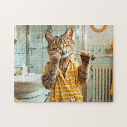 Cat brushing teeth in striped pajamas bathroom legpuzzel (Horizontaal)
