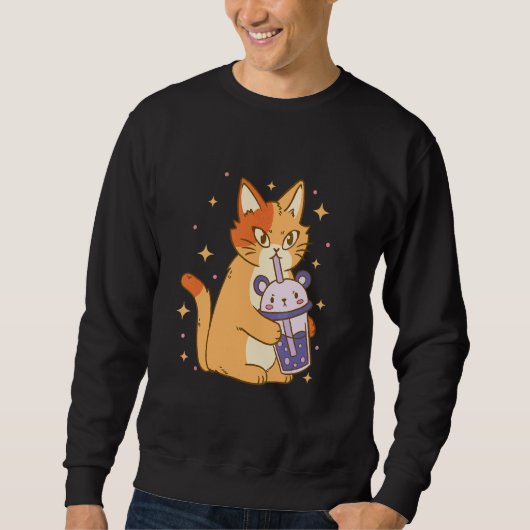 Cat Bubble Tea Cool Retro Fun Weird Bizarre Art Trui (Voorkant)
