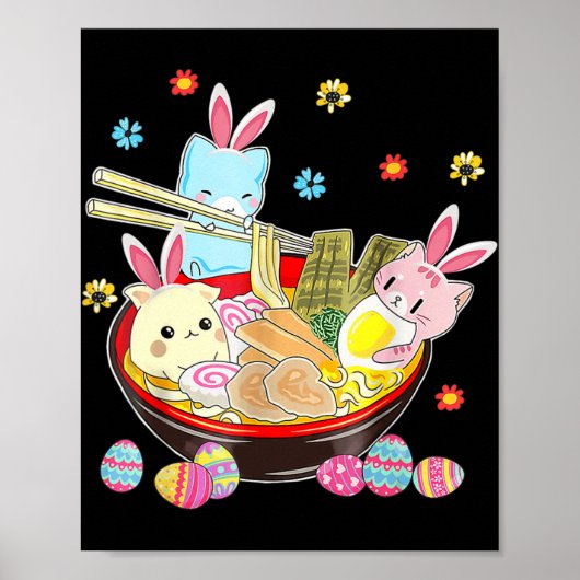Cat Bunny Ears Ramen Kawaii Paasdag Anime Lover Poster (Voorkant)