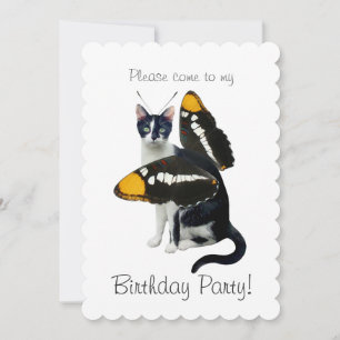 Cat Butterfly Birthday Party Invitation Kaart