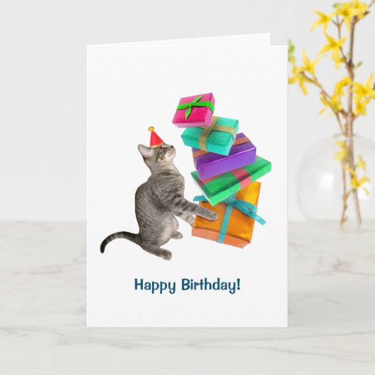 Cat Cadeau Pile Verjaardag Kaart (Gele Bloem)