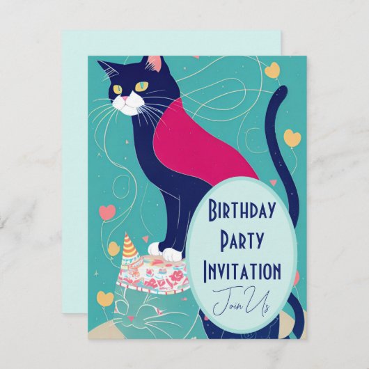 Cat cape verjaardagsfeest uitnodiging turquoise na (Voorkant / Achterkant)