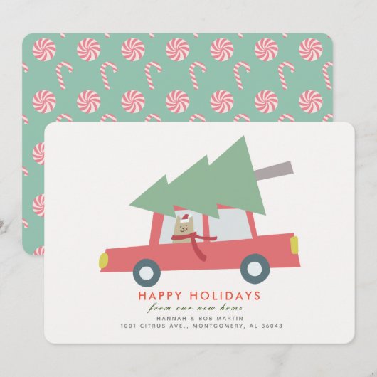 Cat Car Kerstboom Vakantie Verhuisaankondiging Kaart (Voorkant / Achterkant)