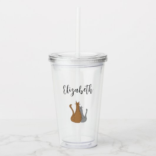 Cat Cartoon Tekening Tabby Katten Elegant Script Acryl Drinkbeker (Voorkant)
