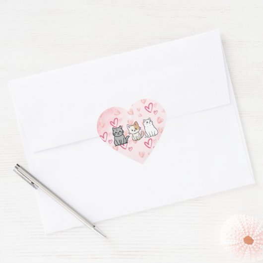 Cat Cartoons and Hearts Hart Sticker (Envelop)