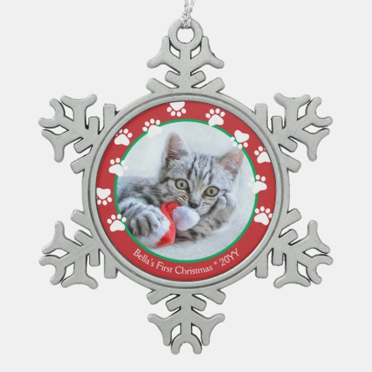 Cat Cat Cat Red Pawprint eerste kerstdag Tin Sneeuwvlok Ornament (Voorkant)