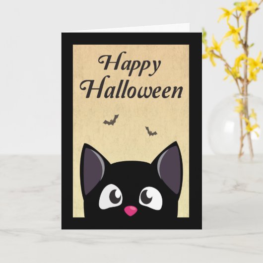 Cat Cat Cute Black Cartoon Cat voor Halloween Kaart (Gele Bloem)
